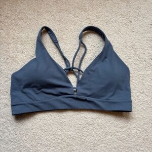 Athleta Strappy Sports Bra Large Gray Blue Medium Support Yoga Workout
